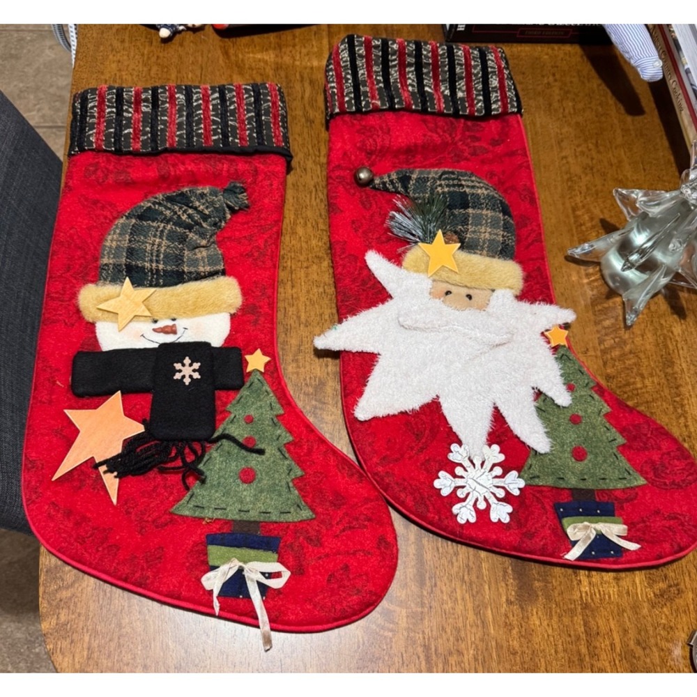 Christmas Stockings Set of 2 Snowman Angel Embellished Felt Fabric 20 21.5 In